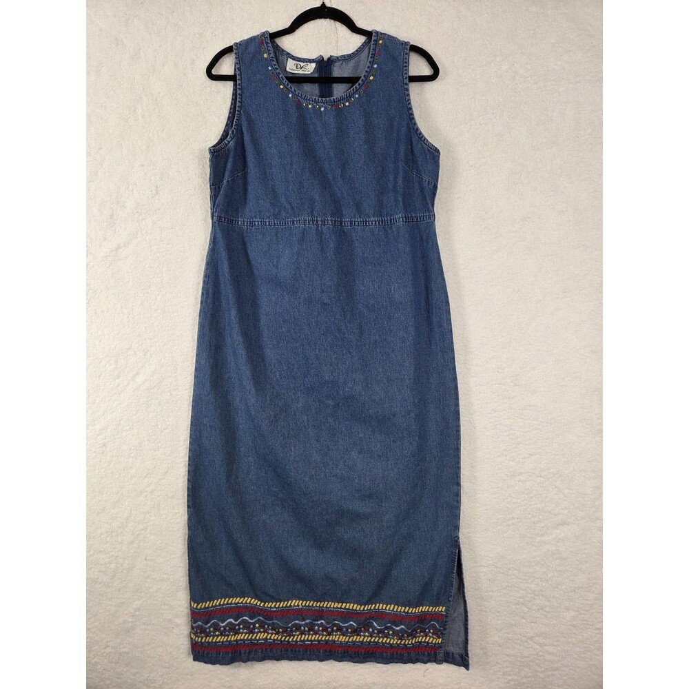 Vtg Womens Denim Jumper Maxi Dress 12 Blue Sleeveless Embroidered Beaded Country